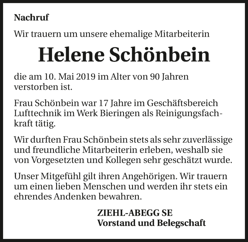  Traueranzeige für Helene Schönbein vom 15.05.2019 aus 