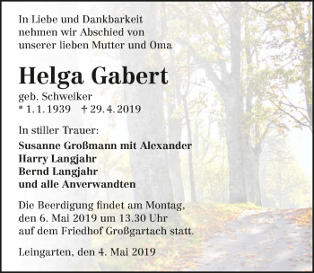 Traueranzeige von Helga Gabert 