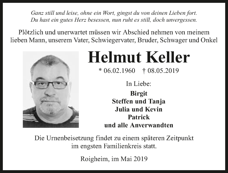  Traueranzeige für Helmut Keller vom 11.05.2019 aus 