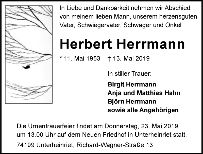  Traueranzeige für Herbert Herrmann vom 18.05.2019 aus 