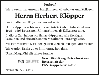 Traueranzeige von Herbert Klöpper 