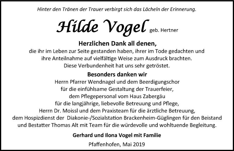  Traueranzeige für Hilde Vogel vom 08.05.2019 aus 