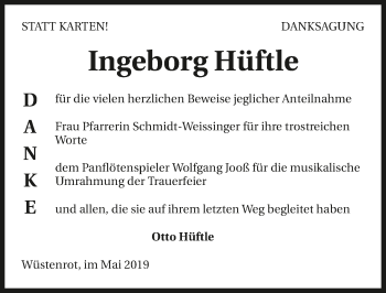 Traueranzeige von Ingeborg Hüftle 