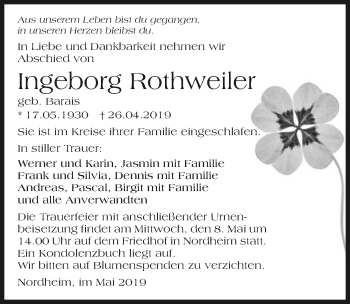 Traueranzeige von Ingeborg Rothweiler 