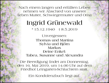 Traueranzeige von Ingrid Grünewald 