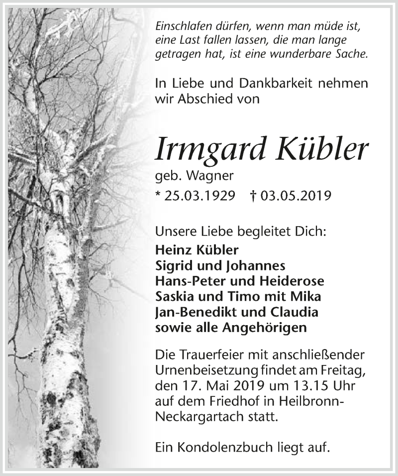  Traueranzeige für Irmgard Kübler vom 10.05.2019 aus 