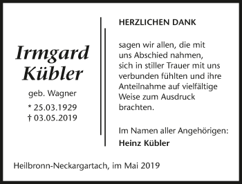 Traueranzeige von Irmgard Kübler 