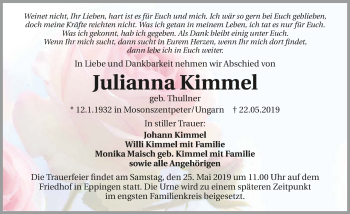 Traueranzeige von Julianna Kimmel 