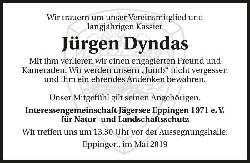  Traueranzeige für Jürgen Dyndas vom 15.05.2019 aus 