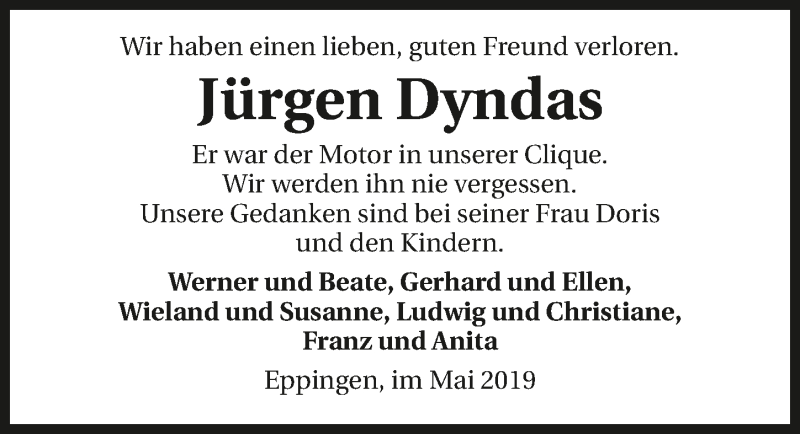  Traueranzeige für Jürgen Dyndas vom 15.05.2019 aus 