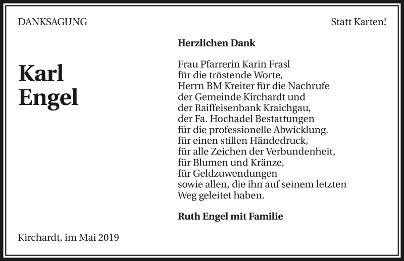  Traueranzeige für Karl Engel vom 24.05.2019 aus 