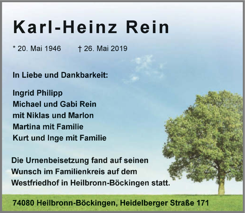  Traueranzeige für Karl-Heinz Rein vom 01.06.2019 aus 