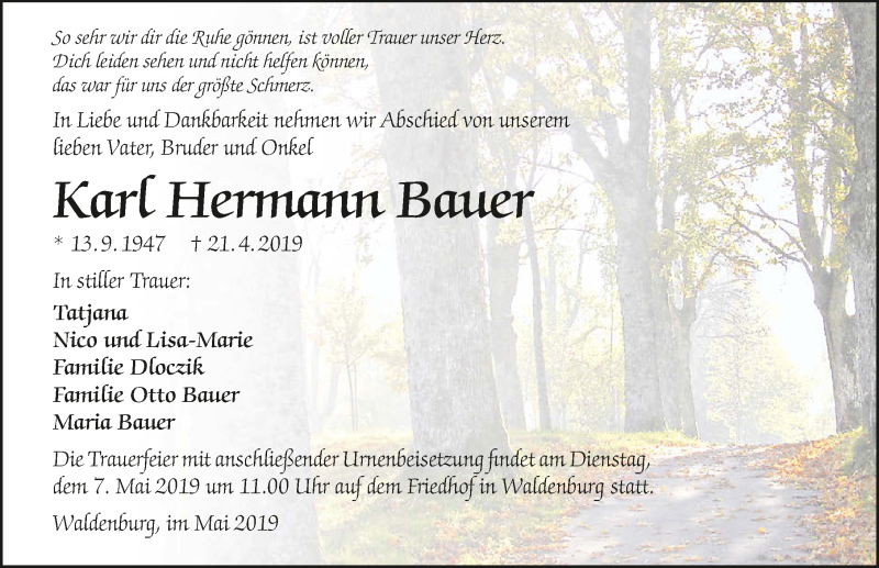  Traueranzeige für Karl Hermann Bauer vom 02.05.2019 aus 