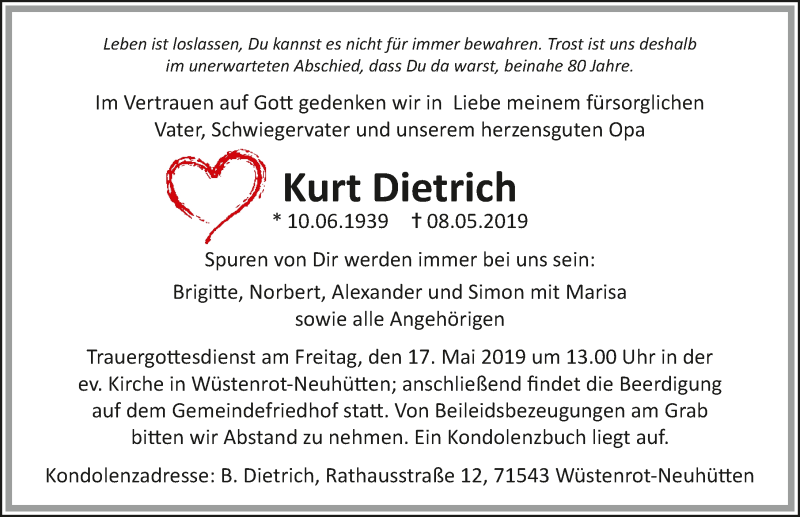  Traueranzeige für Kurt Dietrich vom 11.05.2019 aus 