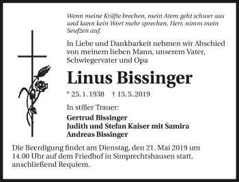 Traueranzeige von Linus Bissinger 