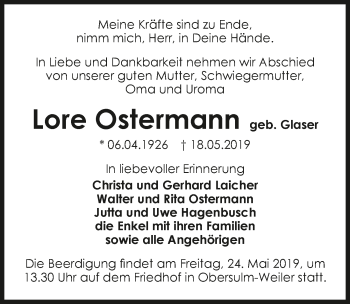 Traueranzeige von Lore Ostermann 