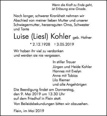 Traueranzeige von Luise Kohler
