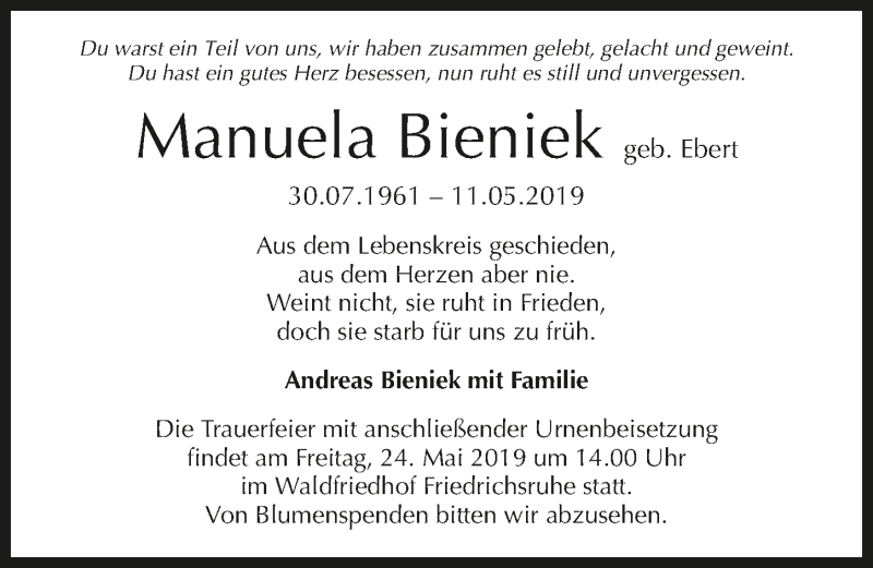  Traueranzeige für Manuela Bieniek vom 20.05.2019 aus 