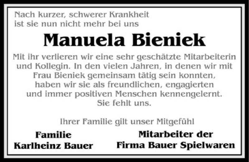  Traueranzeige für Manuela Bieniek vom 20.05.2019 aus 