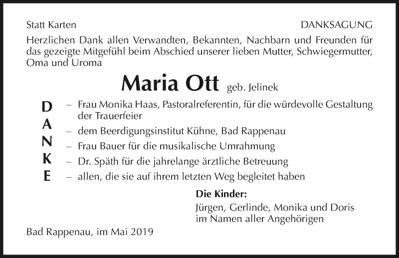  Traueranzeige für Maria Ott vom 18.05.2019 aus 