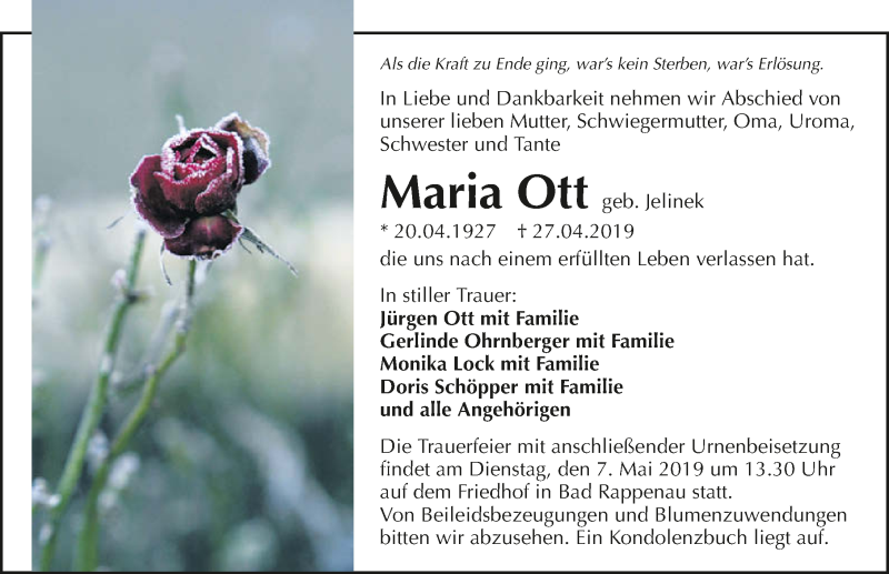  Traueranzeige für Maria Ott vom 04.05.2019 aus 