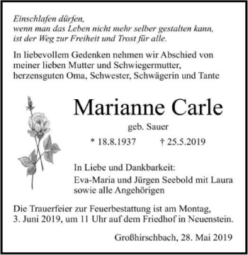Traueranzeige von Marianne Carle 