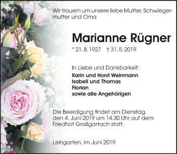 Traueranzeige von Marianne Rügner 