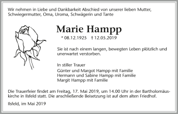 Traueranzeige von Marie Hampp 