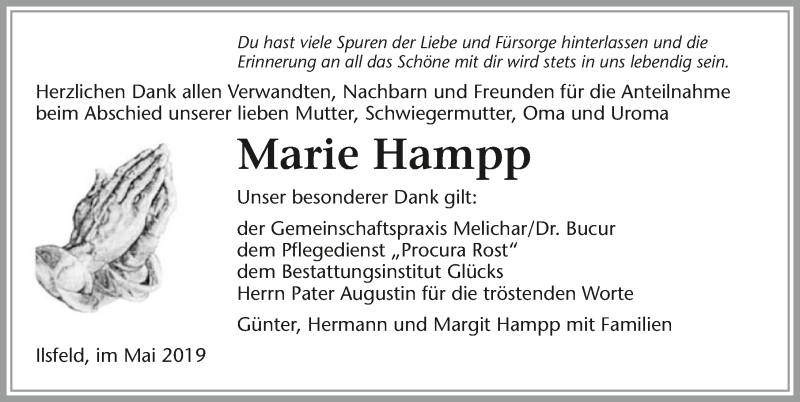  Traueranzeige für Marie Hampp vom 25.05.2019 aus 