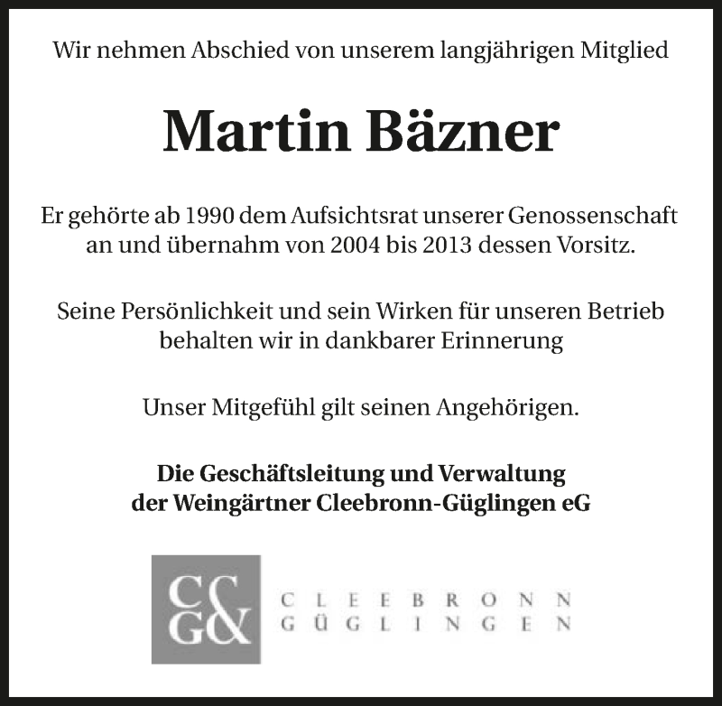  Traueranzeige für Martin Bäzner vom 15.05.2019 aus 