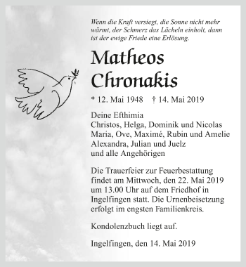 Traueranzeige von Matheos Chronakis 