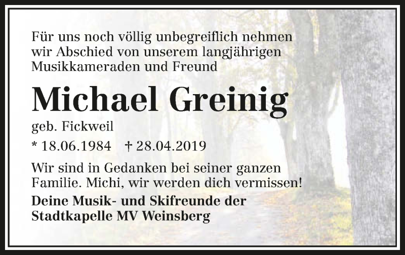  Traueranzeige für Michael Greinig vom 03.05.2019 aus 