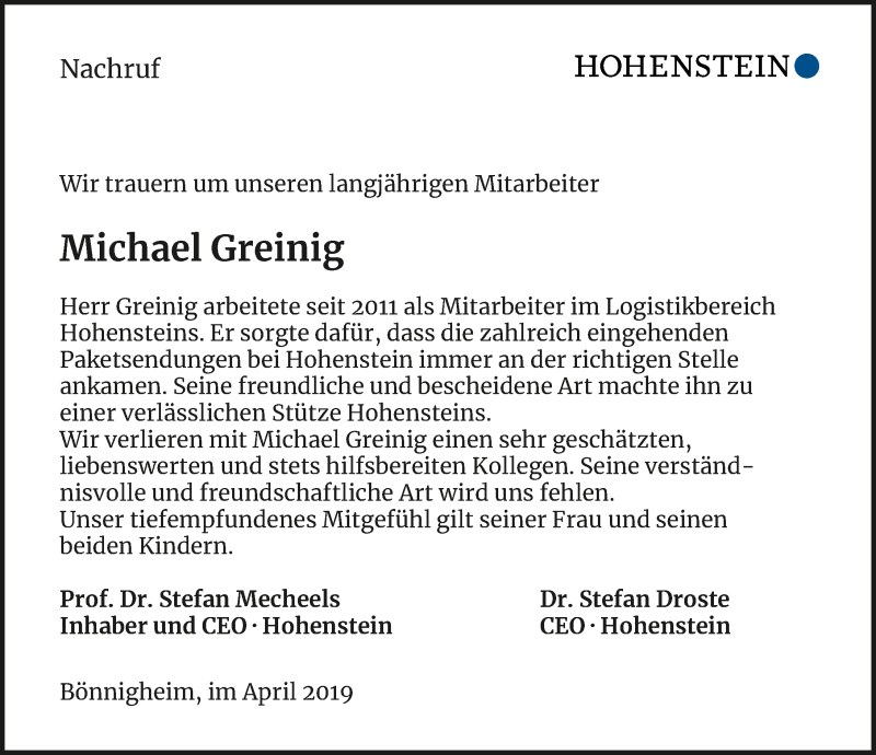  Traueranzeige für Michael Greinig vom 02.05.2019 aus 