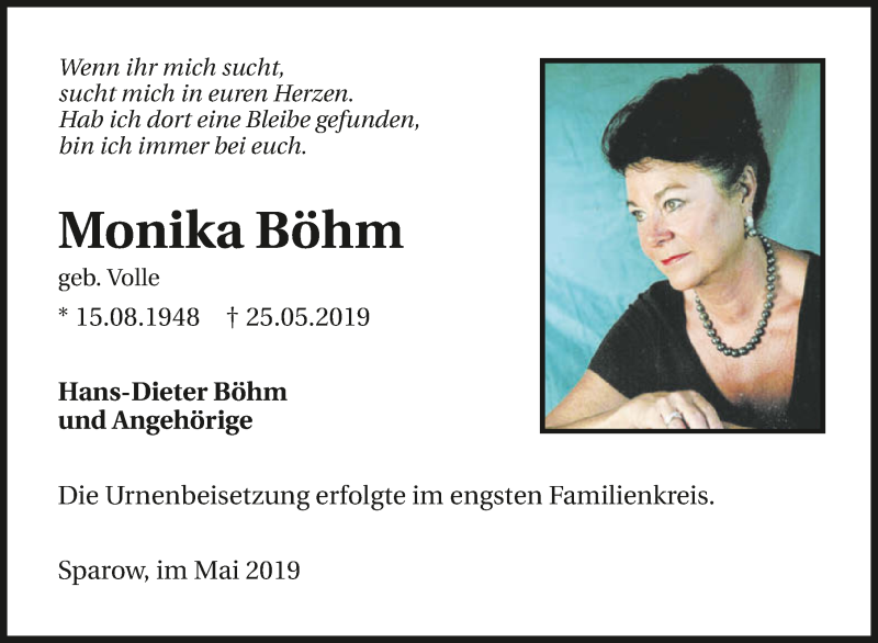  Traueranzeige für Monika Böhm vom 01.06.2019 aus 