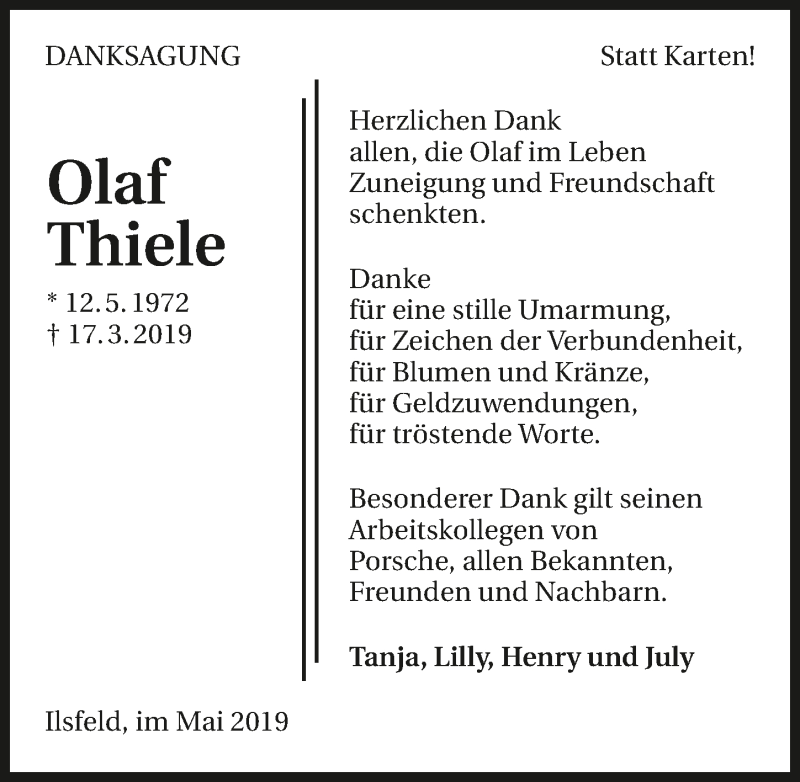  Traueranzeige für Olaf Thiele vom 04.05.2019 aus 