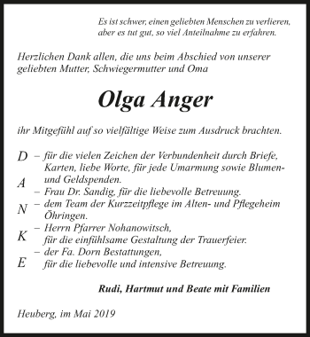Traueranzeige von Olga Anger 