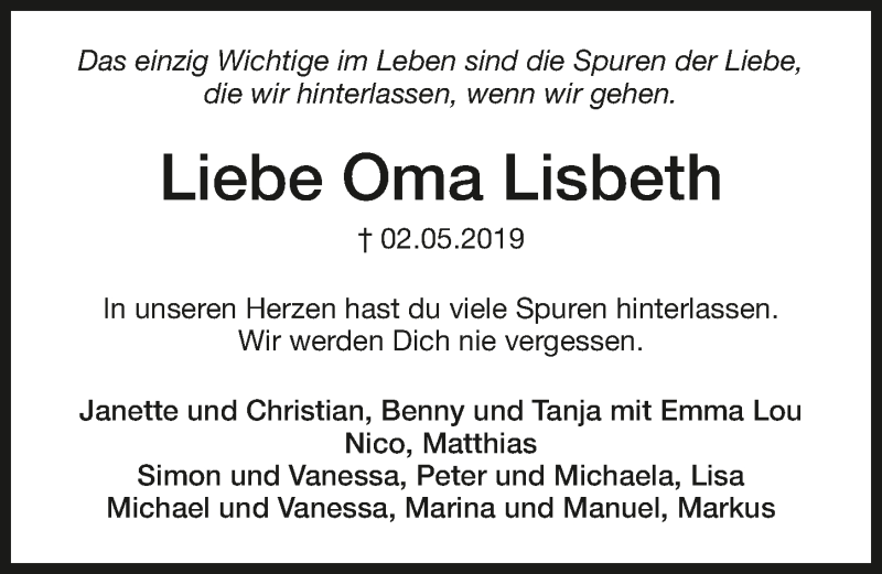  Traueranzeige für Oma Lisbeth  vom 07.05.2019 aus 