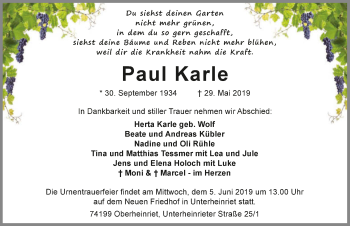 Traueranzeige von Paul Karle 