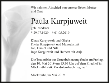Traueranzeige von Paula Kurpjuweit 