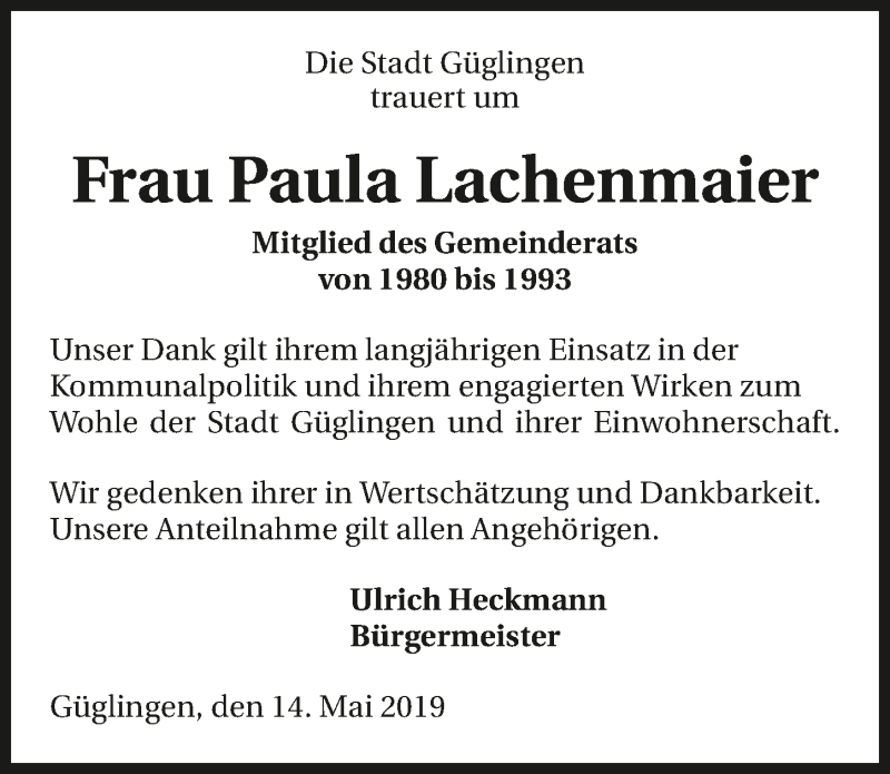  Traueranzeige für Paula Lachenmaier vom 15.05.2019 aus 