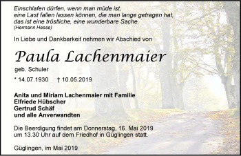 Traueranzeige von Paula Lachenmaier 