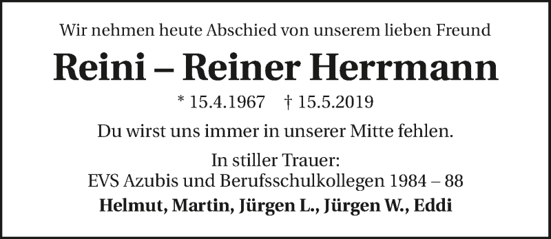  Traueranzeige für Reiner Herrmann vom 24.05.2019 aus 