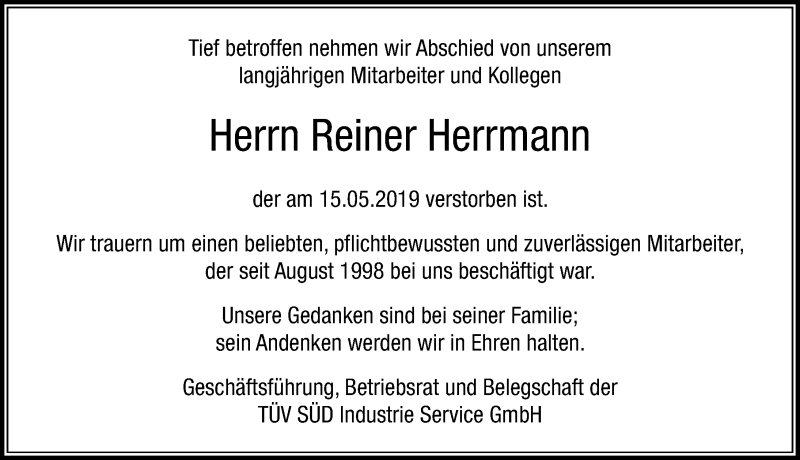  Traueranzeige für Reiner Herrmann vom 22.05.2019 aus 