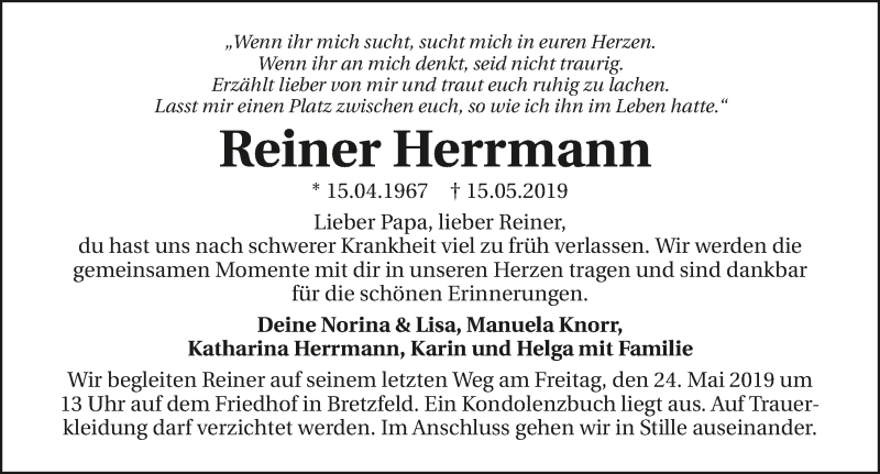  Traueranzeige für Reiner Herrmann vom 21.05.2019 aus 