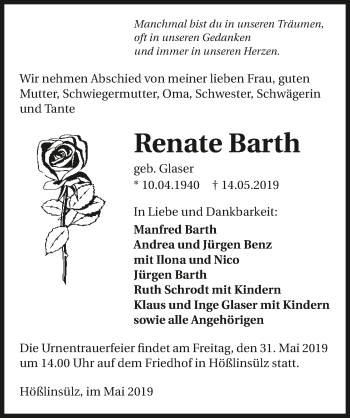 Traueranzeige von Renate Barth 