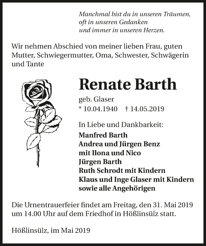 Traueranzeige für Renate Barth vom 28.05.2019 aus 