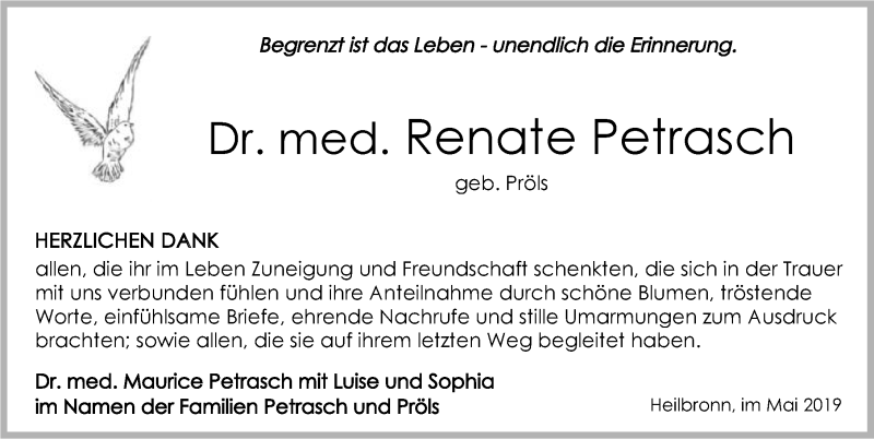  Traueranzeige für Renate Petrasch vom 29.05.2019 aus 