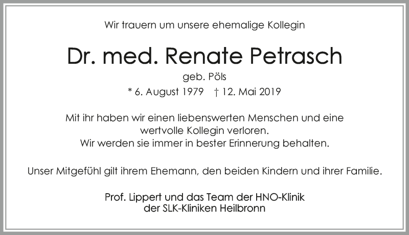  Traueranzeige für Renate Petrasch vom 16.05.2019 aus 