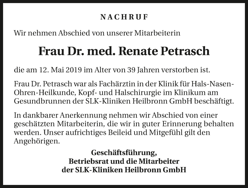  Traueranzeige für Renate Petrasch vom 15.05.2019 aus 