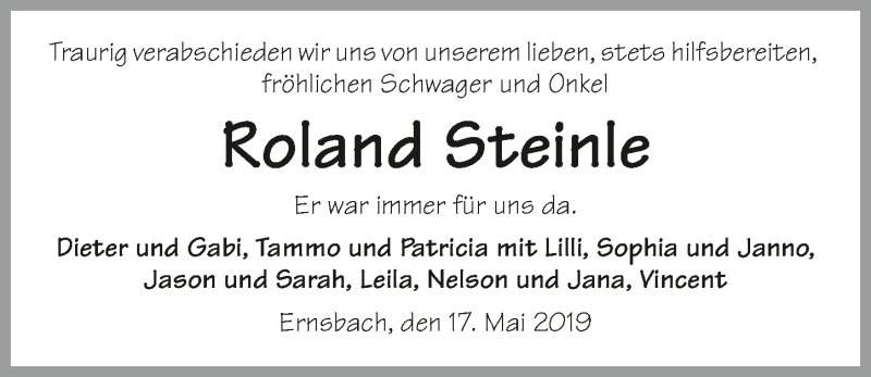  Traueranzeige für Roland Steinle vom 22.05.2019 aus 